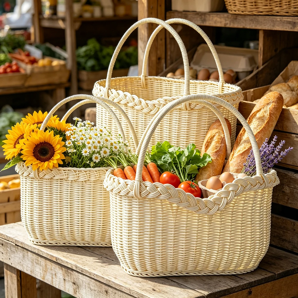 Rattan Style Shopping Basket Woven Tote Double Reinforced Handles For Grocery Picnic Fruit Vegetable Kitchen Storage Organizer