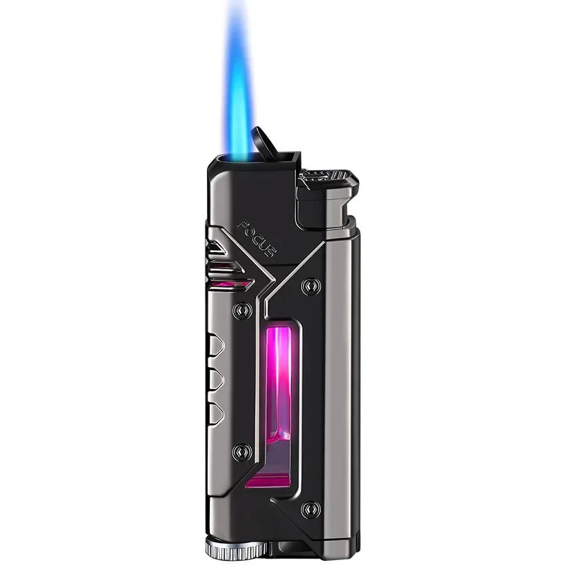 Mechanical and Personalized Blue Flame Direct Spray Lighter Visual Air Chamber Cool LED Colored Light Igniter Mech Design Gift