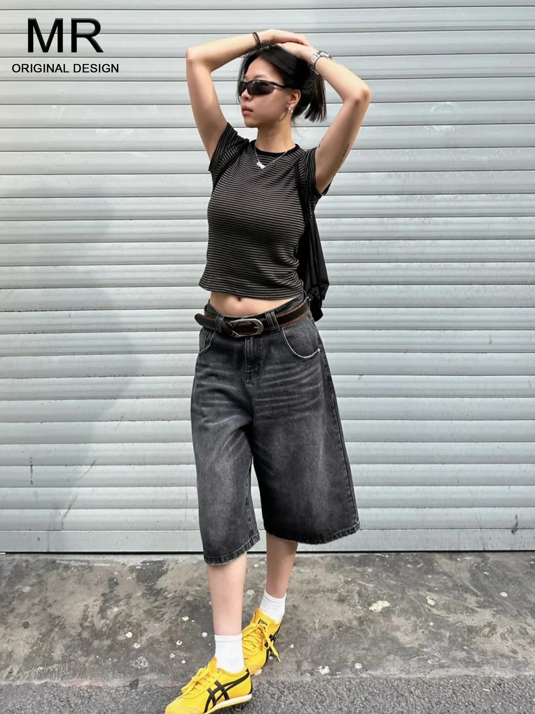 

Женские джинсовые шорты с высокой талией и широкими штанинами, летние, новые, свободные, маленькие размеры, ретро, тонкие, прямые, укороченные, темные цвета