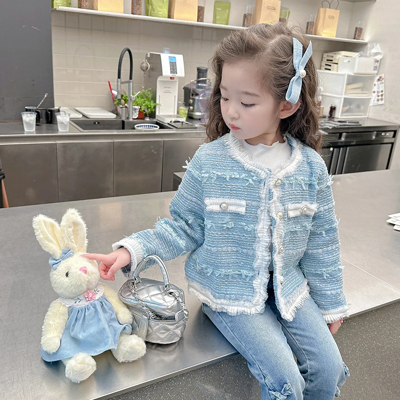 

Children Single Breasted Sweet Clothes TR412 Fall Spring Tweed Short Coat Girls 2025 Kids Chic Blue Jacket Casual Lace Tops