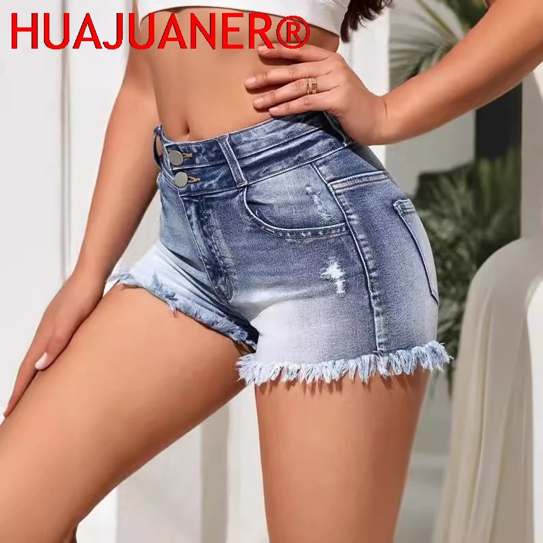 

Женские джинсовые шорты с дырками, высокая талия, рваные, с эффектом потертости, на пуговицах, с карманами, 2026, уличный стиль, винтажные, прямые, с разрезами