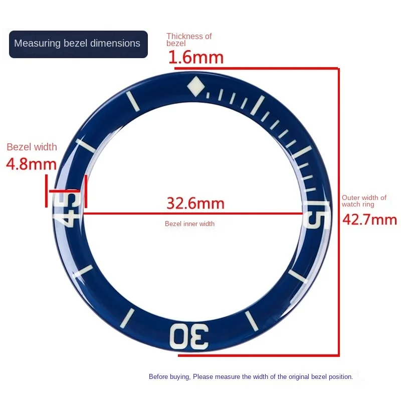 Círculo de escala luminosa negra y azul de 42,7mm para Blancpain Fifty Fathoms serie 5015, esfera de escala de zafiro, anillo exterior, cronógrafo