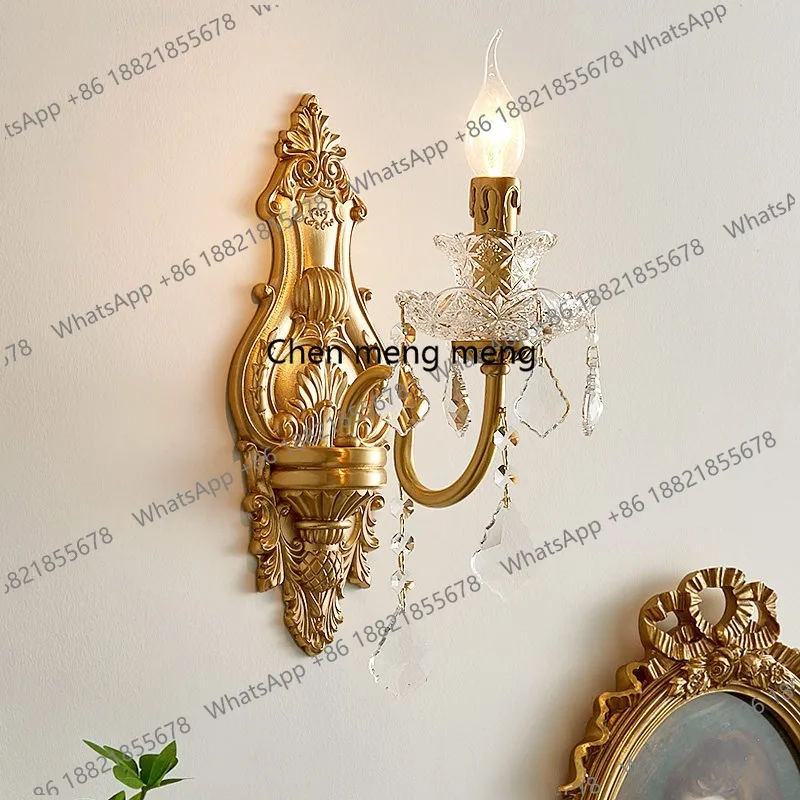 

French all-copper crystal light luxury retro living room background wall bedroom bedside lamp premium wall lamp