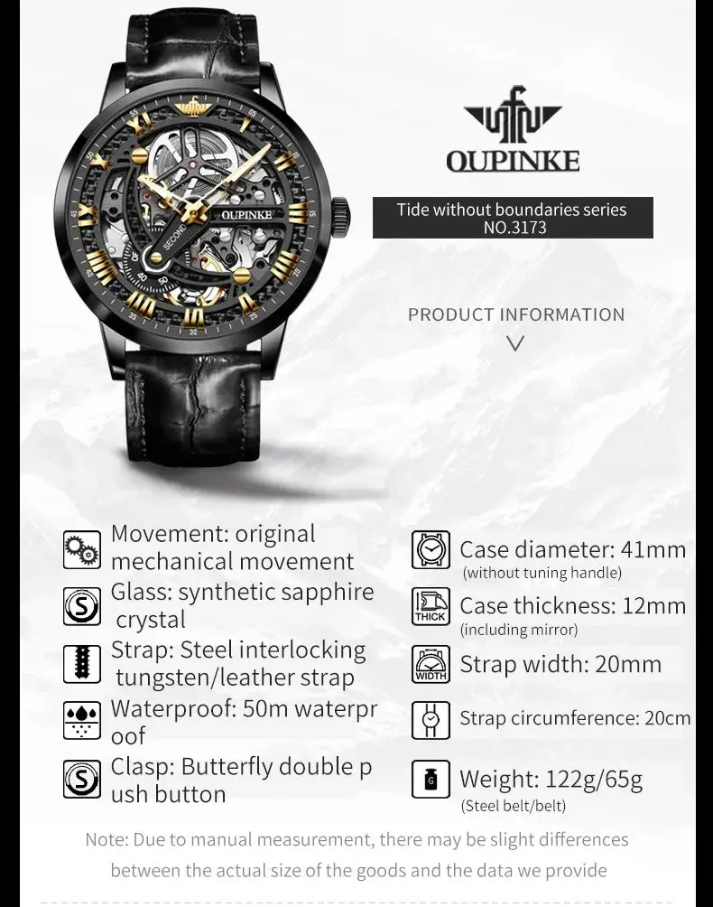 OUPINKE 3173 Top Brand Mechanical Watch For Men Hollow Deep Waterproof Automatic Wristwatch Roman Scale Original Man Watches