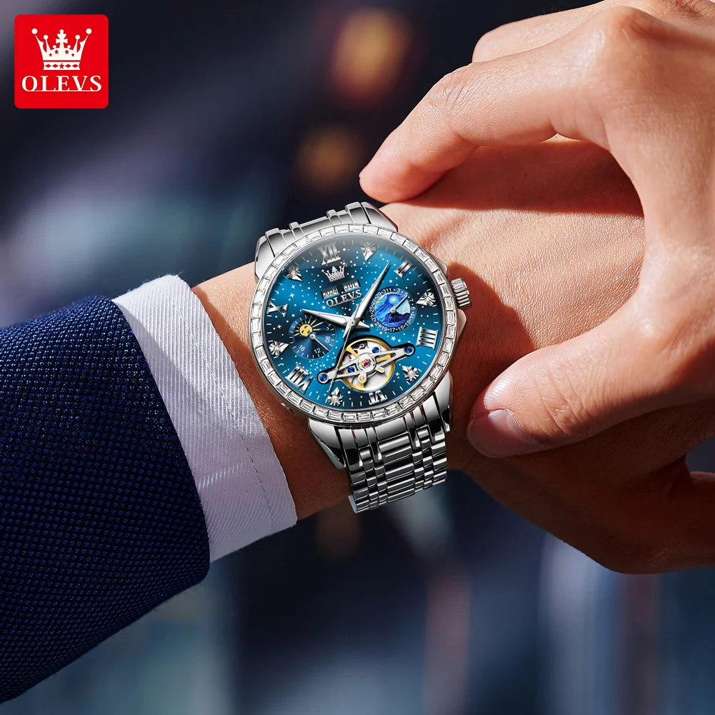 OLEVS 6712 Multifunction Men's Wristwatch Luxury Starry Dial Moon Phase Day Date Automatic Mechanical Watches for Man