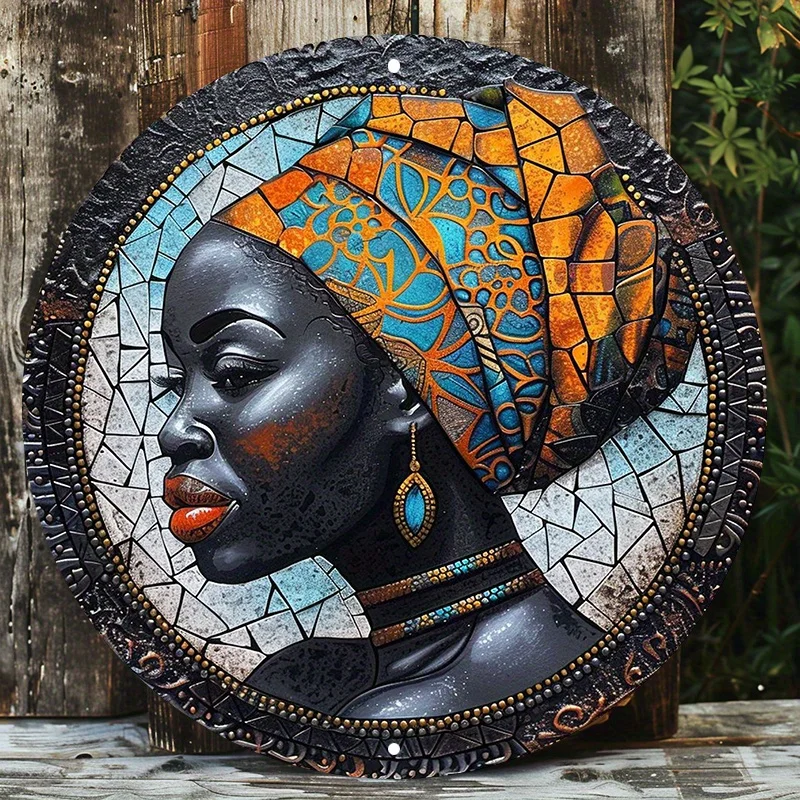 

African Women Mosaic Art, Round Aluminum Wall Sign, UV & Scratch Resistant, African American Canvas Wall Art, 8x8in, 11.8x11.8in