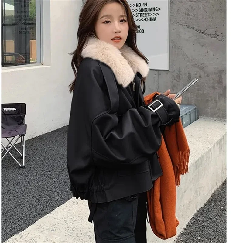 Winter Female Thicken Short Leather Coat American Women Fashion Faux Leather Outwear 2025 Ladies Long Sleeves PU Leather Jacket
