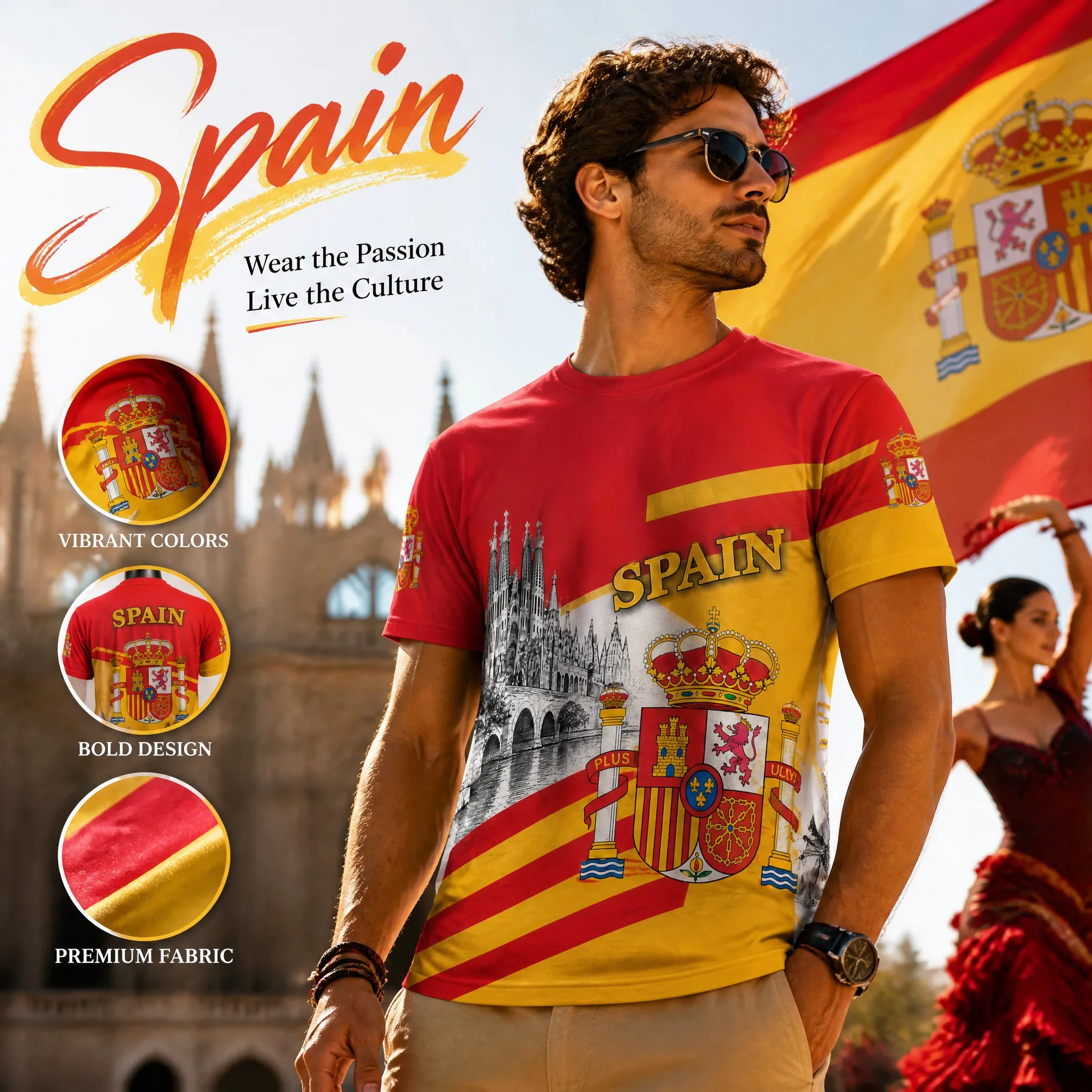 Mens Crew Neck Short Sleeve Spain Graphic T Shirt Red Yellow Crest Cathedral Print Casual Summer Travel Fashion Top Daily Outfit