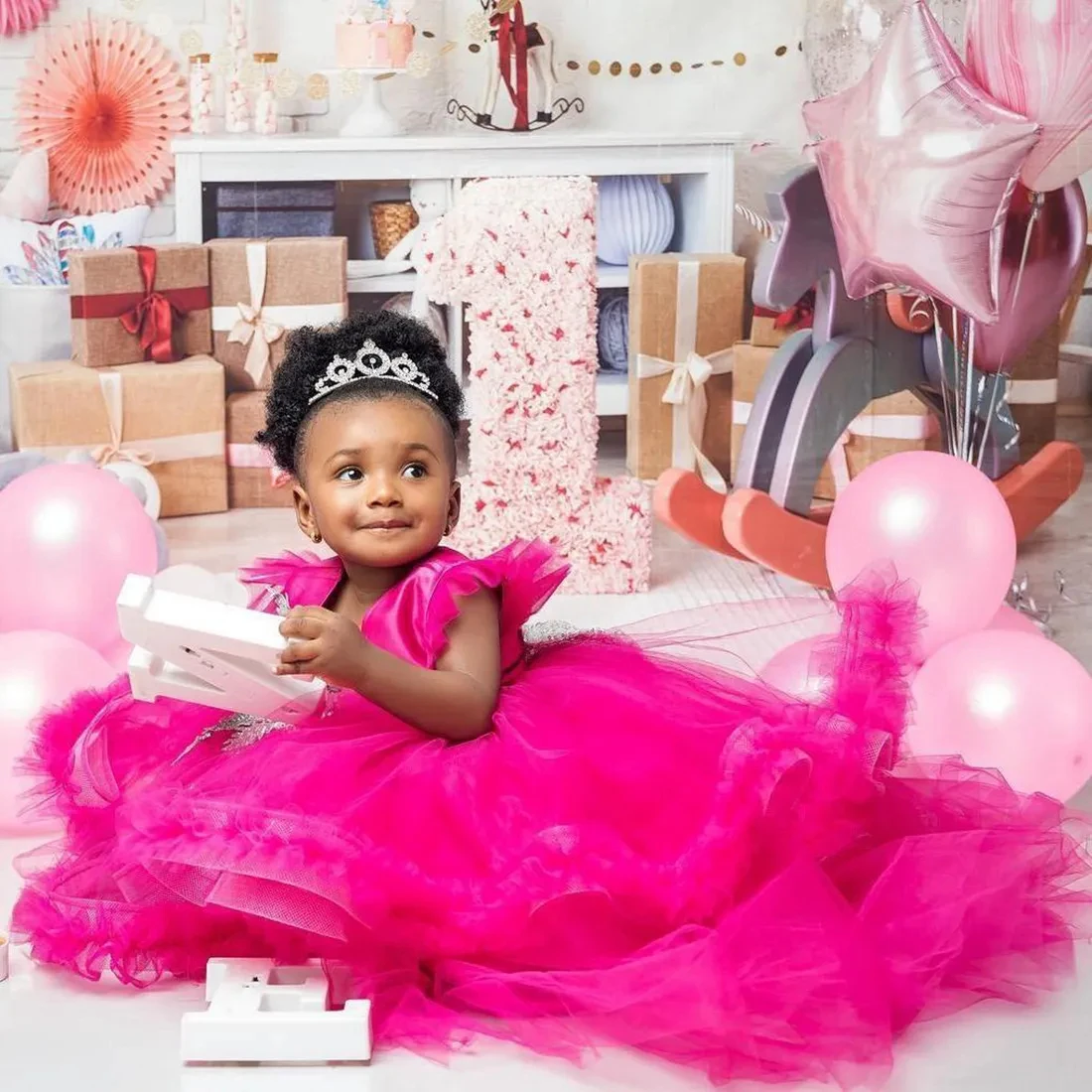 Vestidos De Menina De Flor Fúcsia, Pescoço Em V, Vestidos De Baile Em Camadas, Princesa Rainha Arco Decorado, Vestido De Festa De Aniversário Das Meninas