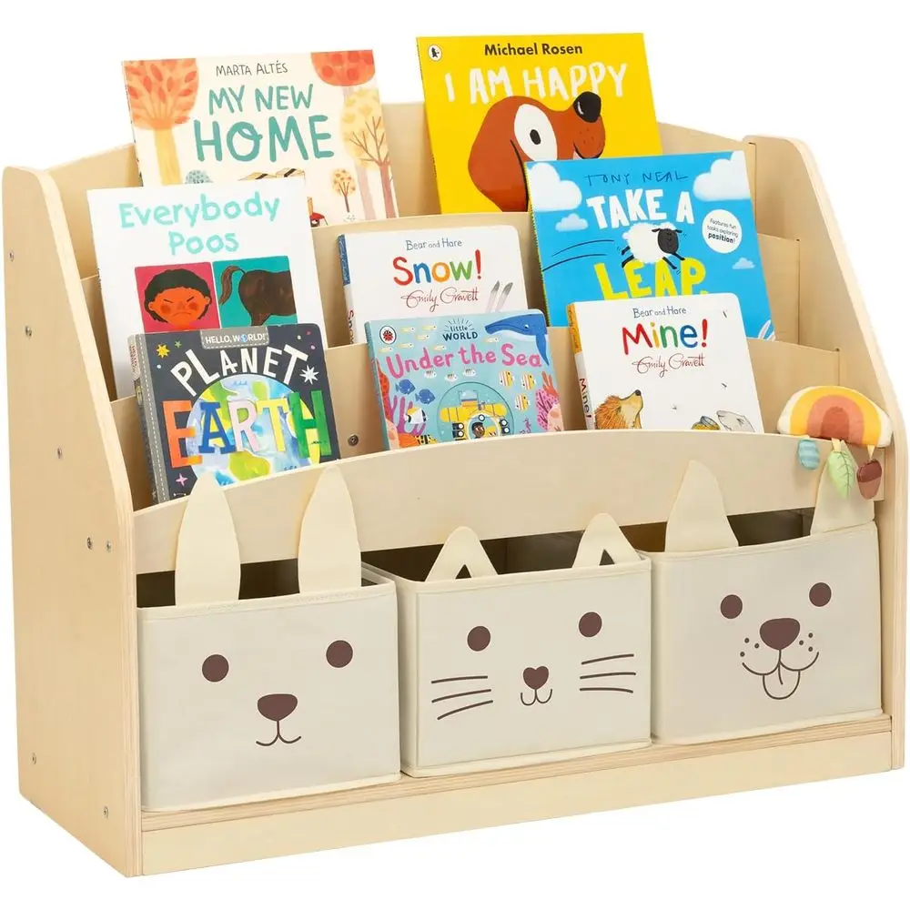 

3-Tier Wooden Bookshelf with 3 Removable Fabric Bins for Toddler Montessori, Playroom, Nursery Use