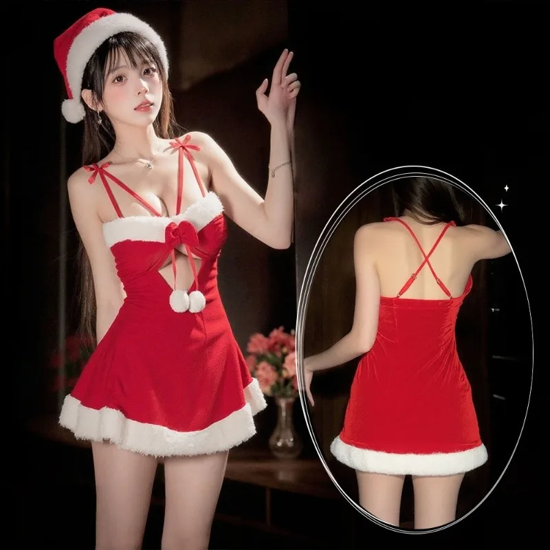 Disfraz de Cosplay de Navidad con tirantes, bola de terciopelo adornada, camisón calado, camisón Sexy de batalla de Año Nuevo