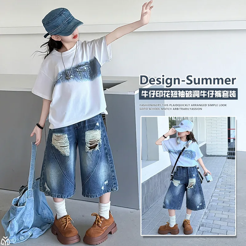New Girls Summer American Cool Ripped Curved Five Quarter Denim Shorts Kids Unique Print Short Sleeve Tops Set Trendy Clothes