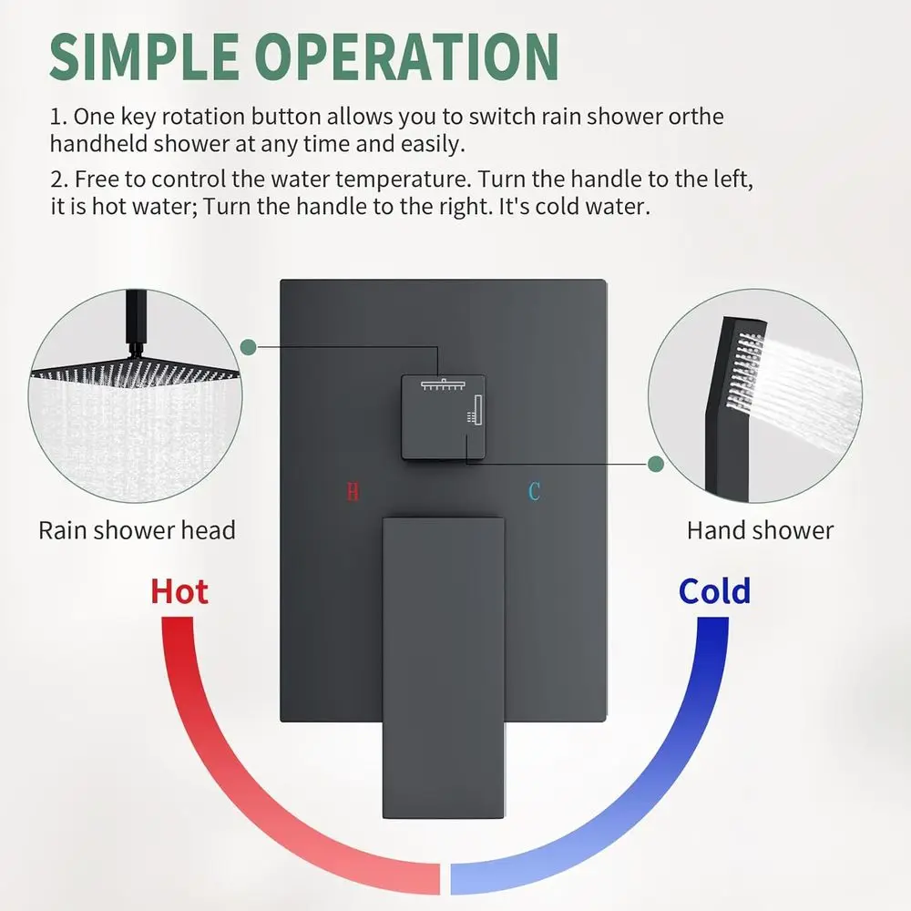 Matte Black Ceiling-Mounted Rainfall Shower System with 12 Square Head, Handheld, and Mixer Valve