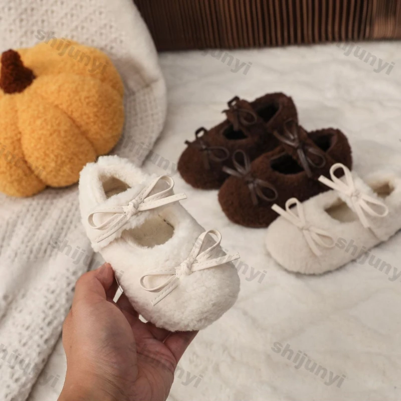 Children Winter Cotton Shoes Kids Thick Warm Plush Fur Shoes Girls Winter Bows Cotton Padded Warm Fur Fluffy Kids Flats Loafers