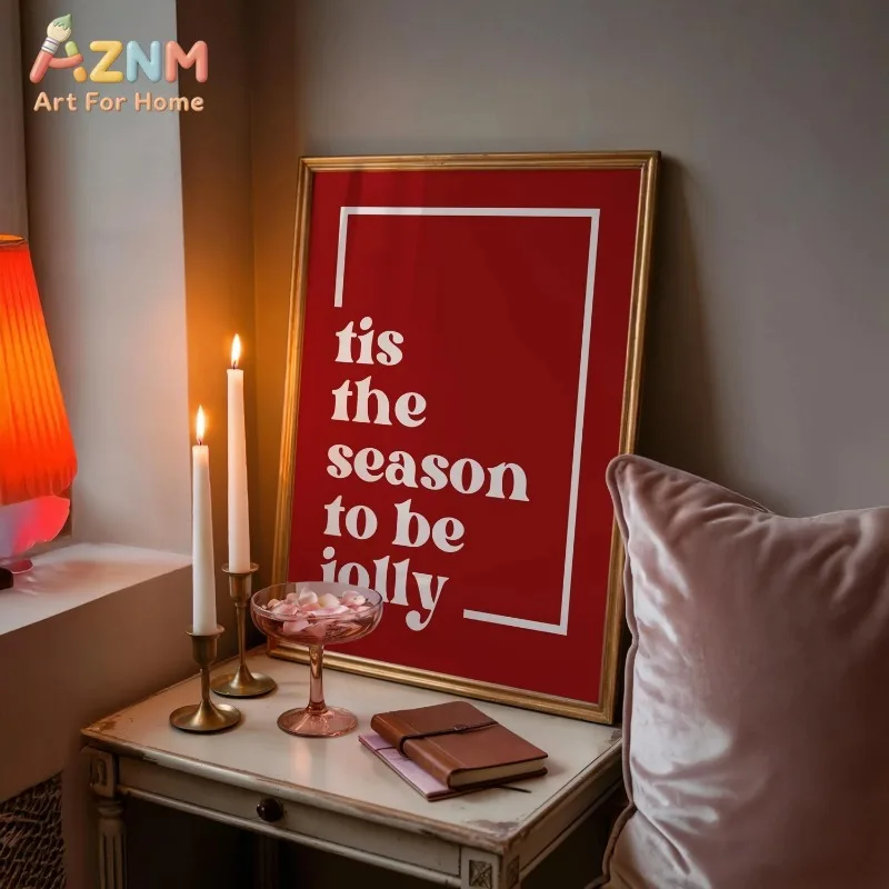 Retro Red Christmas Quote Canvas Wall Art Tis The Season To Be Jolly Holiday Home Decor Wall Print Unframed Canvas Poster