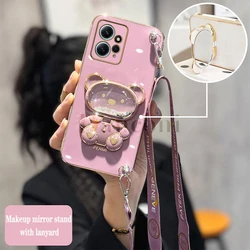 Quicksand Raccoon Makeup Mirror Lanyard Plating Phone Holder Case For Xiaomi Redmi Note 12 12S 12 Pro Plus 12Pro 11 11S 10 Cover