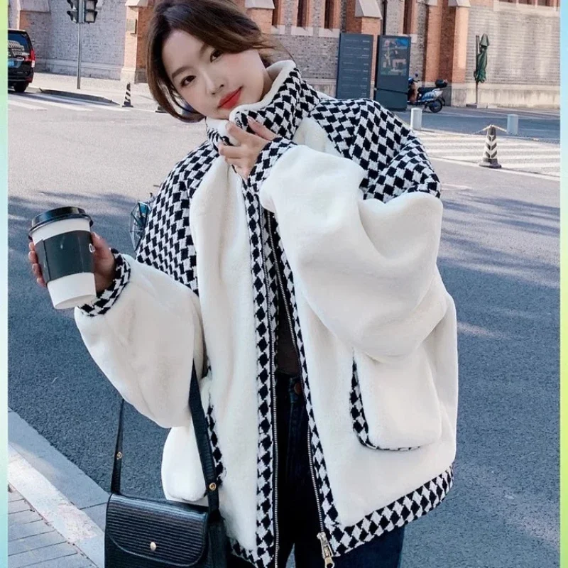 

Women's Winter Contraste Checkerboard Parkas Long Sleeve Stand Collar Fleece Jacket Loose Casual Fashion Thickened Quilted Top