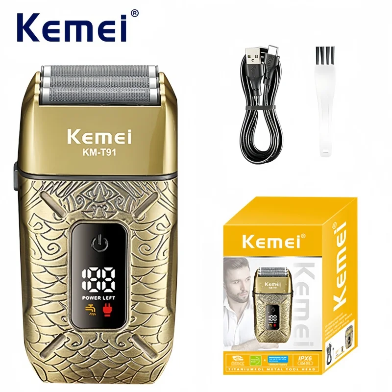 

Kemei KM-T91 Reciprocating 3-Blade Electric Shaver with USB Charging, Metallic Finish, Men's Beard Trimmer