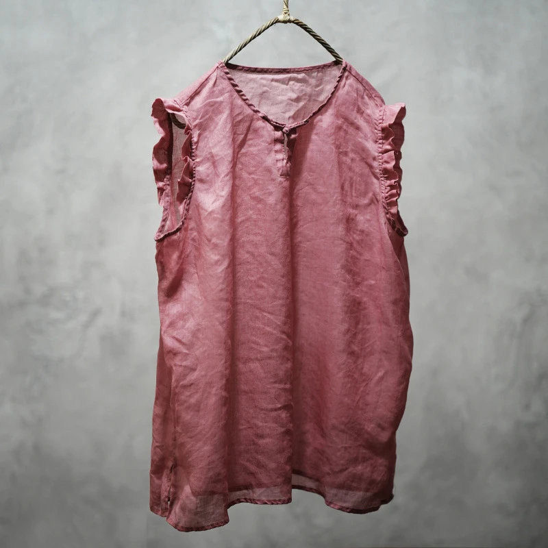 100% Ramie Women Casual Tank Tops New Arrival 2026 Summer O-neck Floral Print Loose Female Sleeveless T-shirts M2886