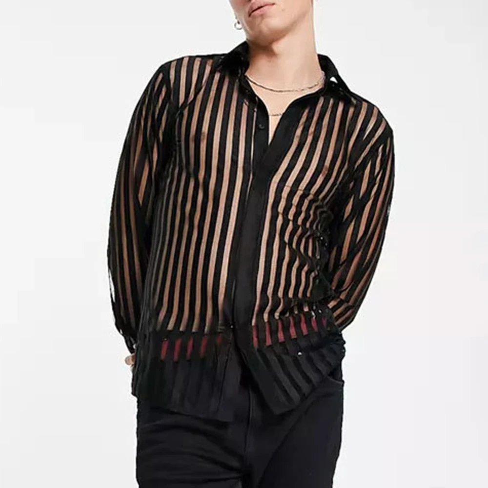 Mens See-Through Sexy Shirt Genderless Nightclub Print Loose Casual Striped Mesh Fashion Trendy Long-Sleeved Shirt Unisex