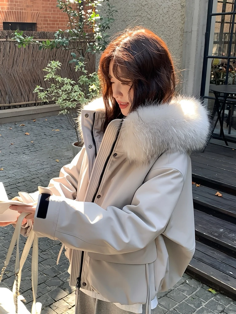 

Women's ort down Jaet 2025 New Winter Faion Small Size Coat Large Fur Collar Workwear Sle White Du down Filling