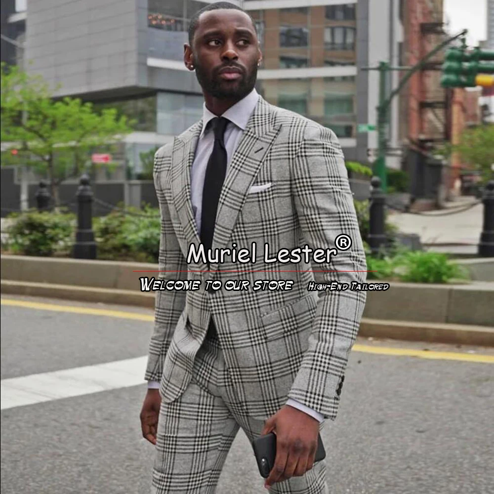 

Handsome Grey Plaid Check Men Suits Business Single Breasted Jacket+Pants 2 Pieces England Style Smoking Blazers Costume Homme