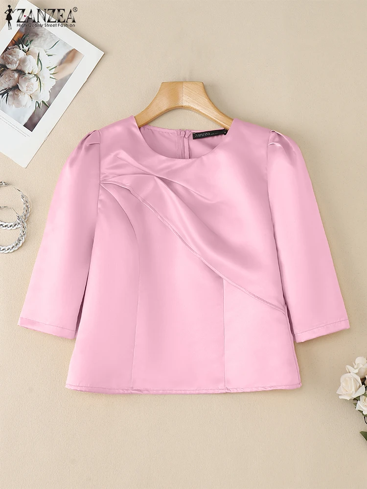 ZANZEA بلوزات أنيقة من الساتان اللامع موضة خريف 2025 برقبة دائرية 3/4 كم مطوي وتفاصيل Blusas Mujer ملابس مكتبية للحفلات بلوزة متينة