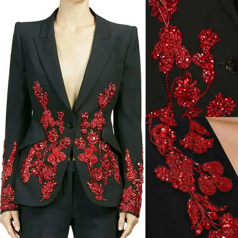 Modern Women Suits Beaded Appliques Peaked Lapel One Button Blazer Bride Outfits  2 Piece Set Mother Pants Suit Customized