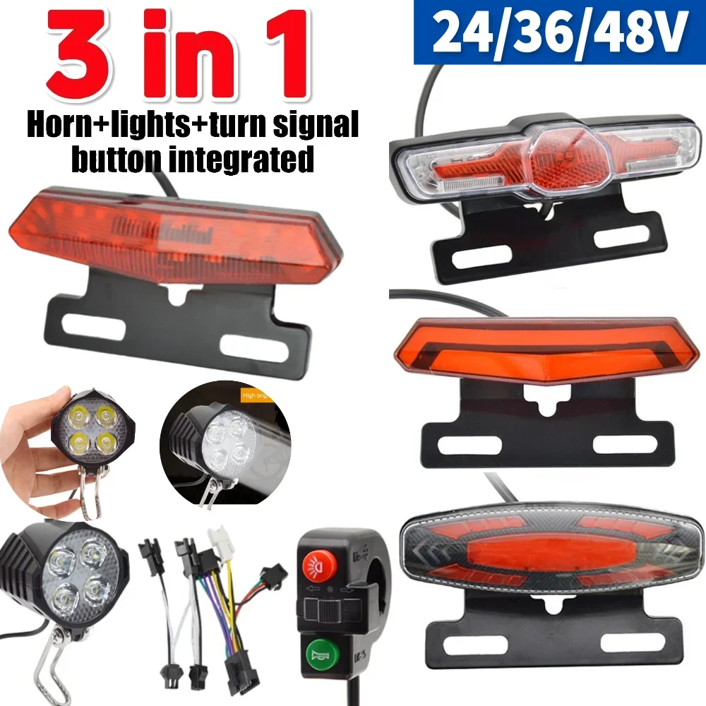 

24V-48V Ebike Front Brake Rear Light Set with Horn Electric Bicycle Headlight and Tail Light Energy Saving Bicycle LED Light Set