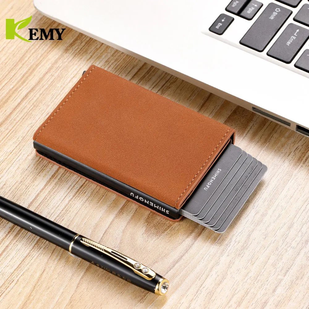 

2024 Credit Card Holder Men Wallet RFID Anti Aluminium Box Bank Cardholder Magnetic Leather Metal Smart Pop Up Wallet Purse