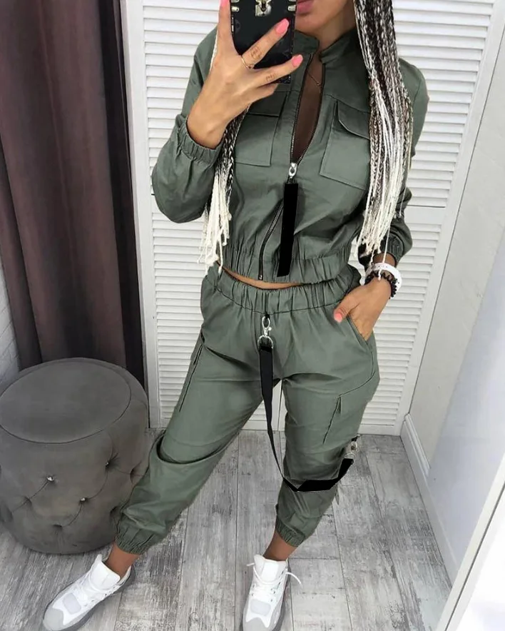 Women\'s New Fashion Pockets Zipper Design Ruched Coat & Casual Cargo Pants Set Spring Women Sporty Trousers Sets