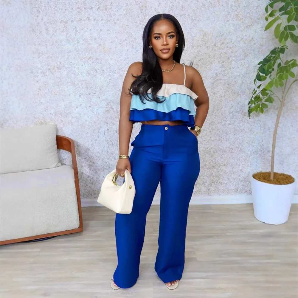 2026 Summer Contrast Two Piece Outfits 2 Pieces Set For Woman New In Matching Sets Ruffles Camis Pants Simple Style Casual Sling