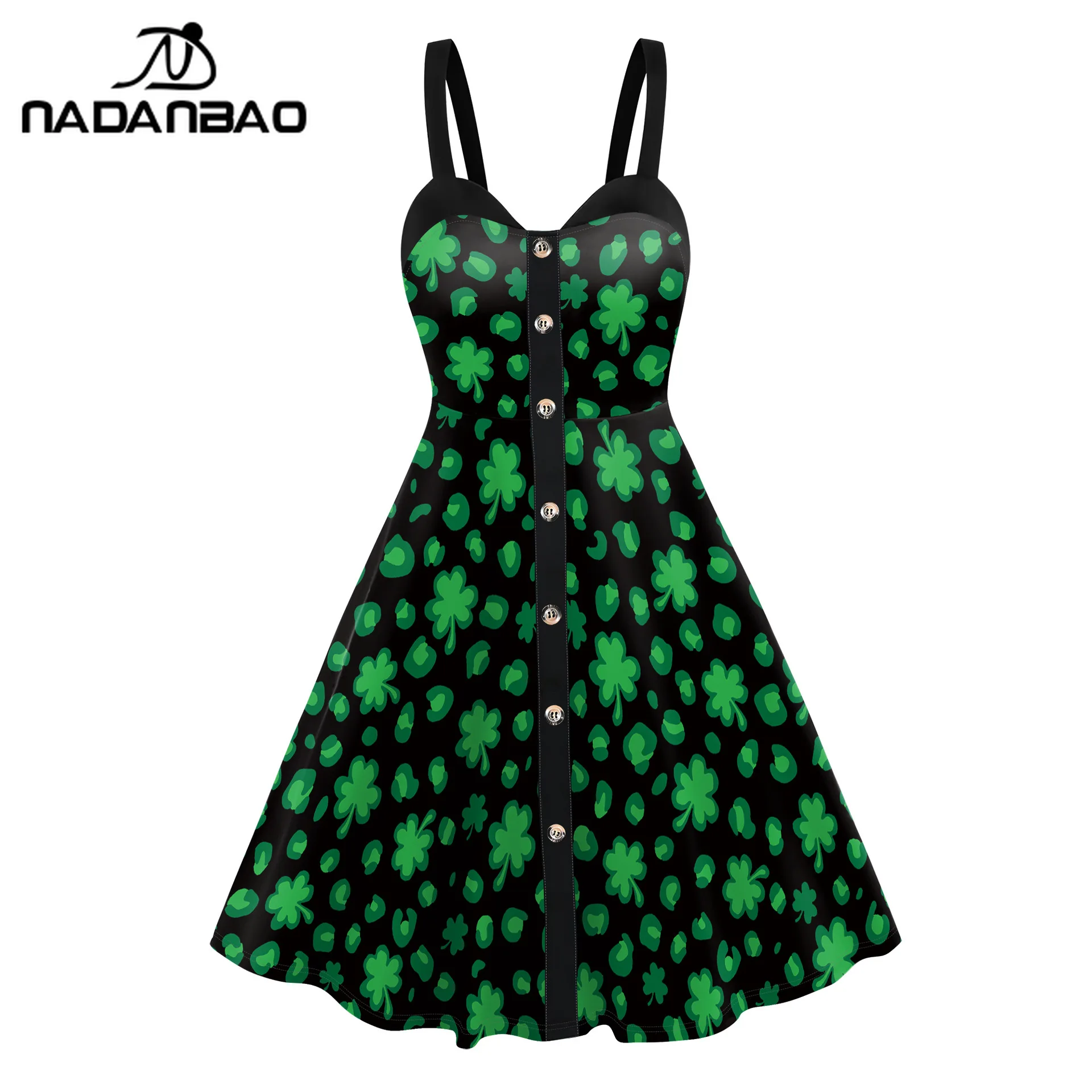 Sukienka Nadanbao z nadrukiem czarno-zielonej koniczyny, damska, kostium na Dzień Świętego Patryka, letnia sukienka na ramiączkach z wysokim stanem, odzież codzienna.