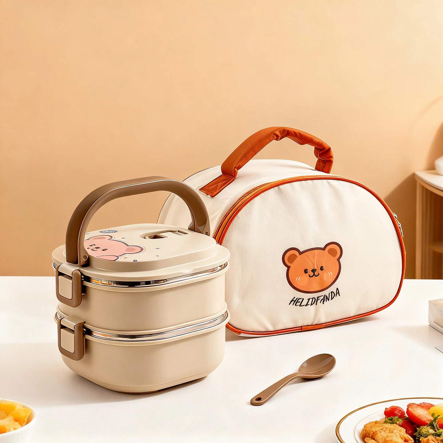 WORHTBUY Cute Square Insulated Food Container With Spoon Portable Large Capacity Stackable 304 Stainless Steel Lunch Box For Kid