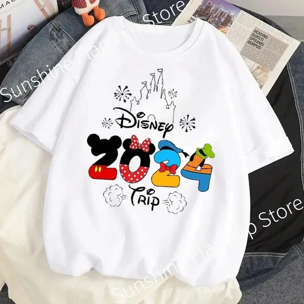 2024 Family Trip Disney Cartoon T Shirt Family Vacation T-shirt Clothes Summer Women Casual O-Neck Mom Kids Streetwear Tees Tops