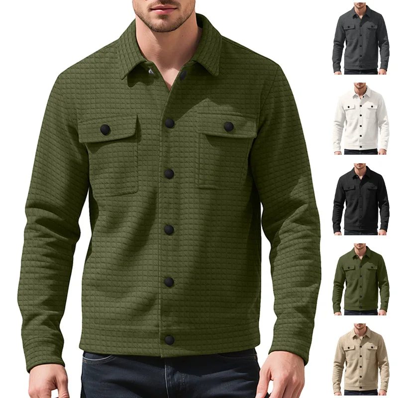 Spring Autumn New Fashion Men Waffle Turn-down Collar Single Breasted Solid Color Casual Business Simple Knitted Coats Male Tops