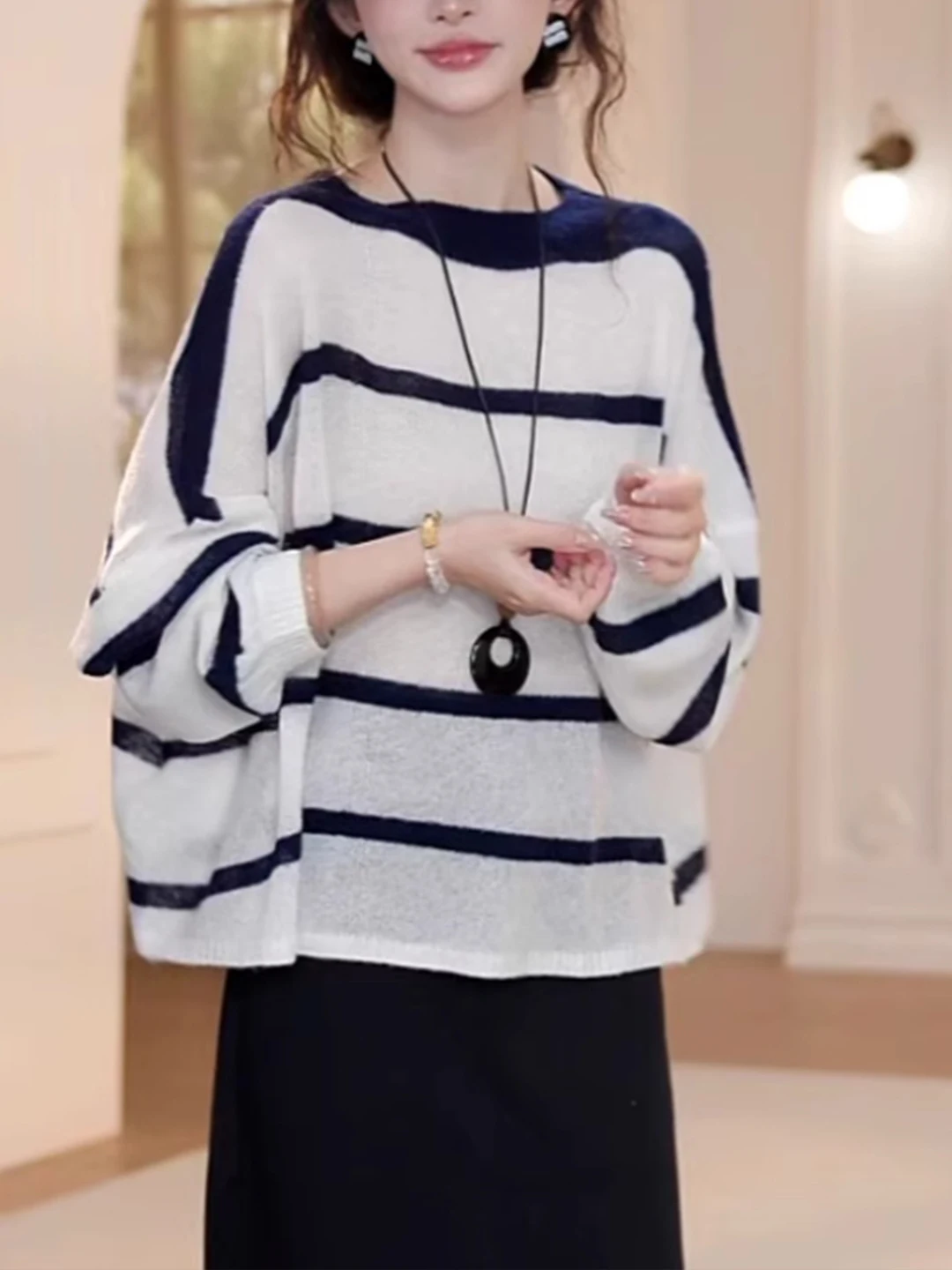 

Высококачественный вязаный свитер в полоску в стиле ретро Blo Long Sve, женский свободный топ для похудения, корейский топ для поездок на работу