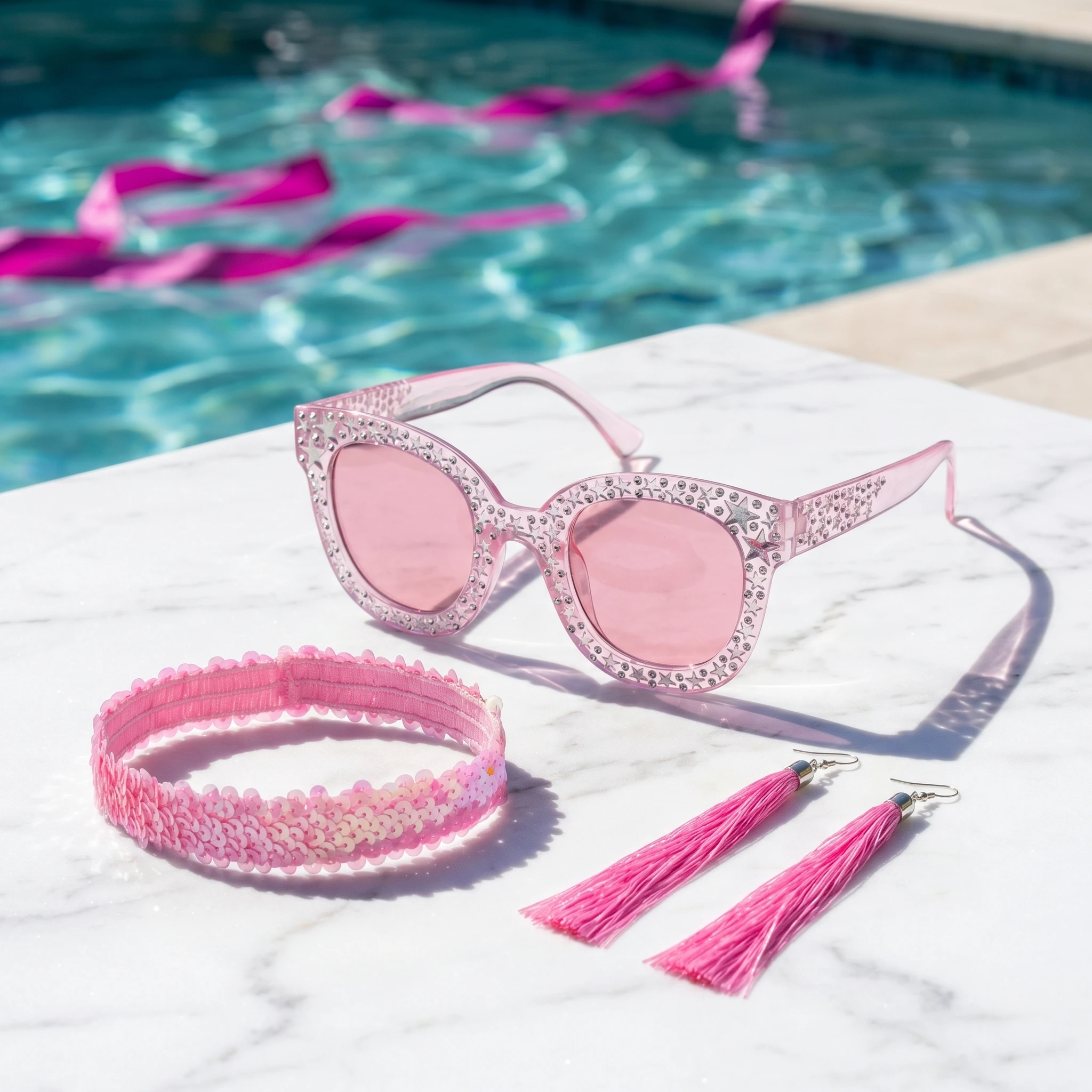 Multicolored Disco Party 3-Piece Set: Rhinestone Star Sunglasses, Sequin Choker, and Fringe Earrings – Retro 70s Prom Accessory