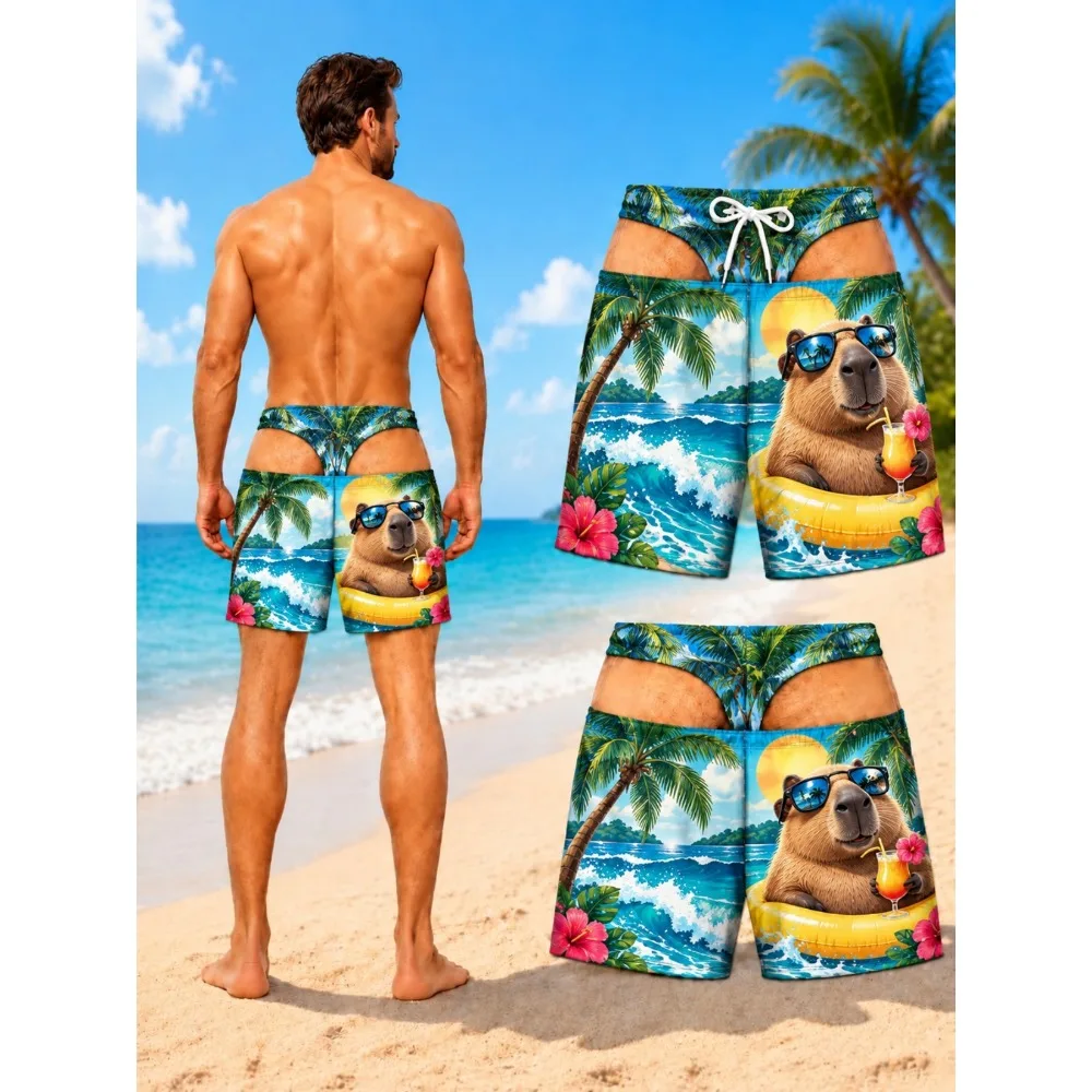 Funny Fake Bikini Waist Men Swim Trunks Cute Capybara Tropical Beach Print Quick Dry Drawstring Beach Shorts Summer Vacation Gag