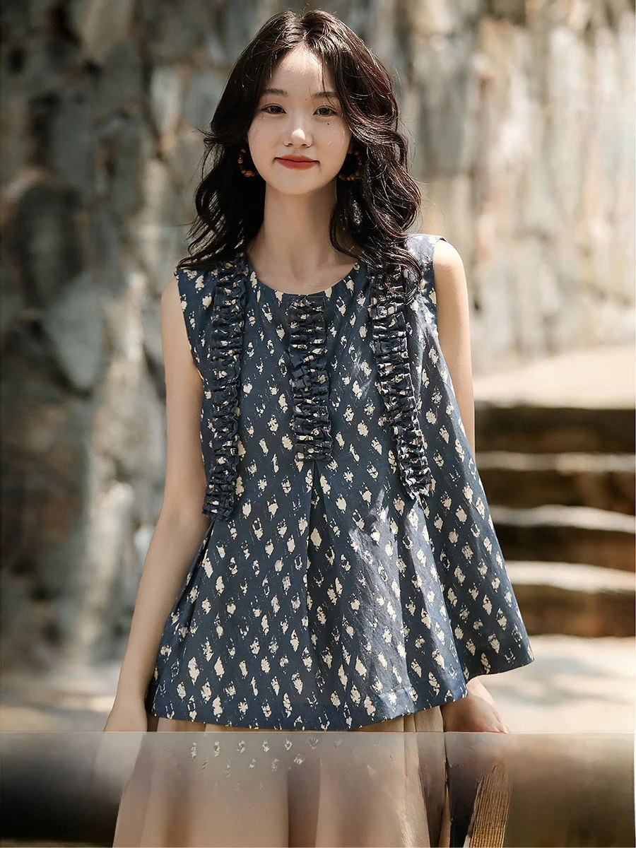 

Новая женская летняя блузка-топ без рукавов из шелкового хлопка с люверсами, А-силуэт, дышащая, тонкая, элегантная, для послеобеденного отдыха в саду