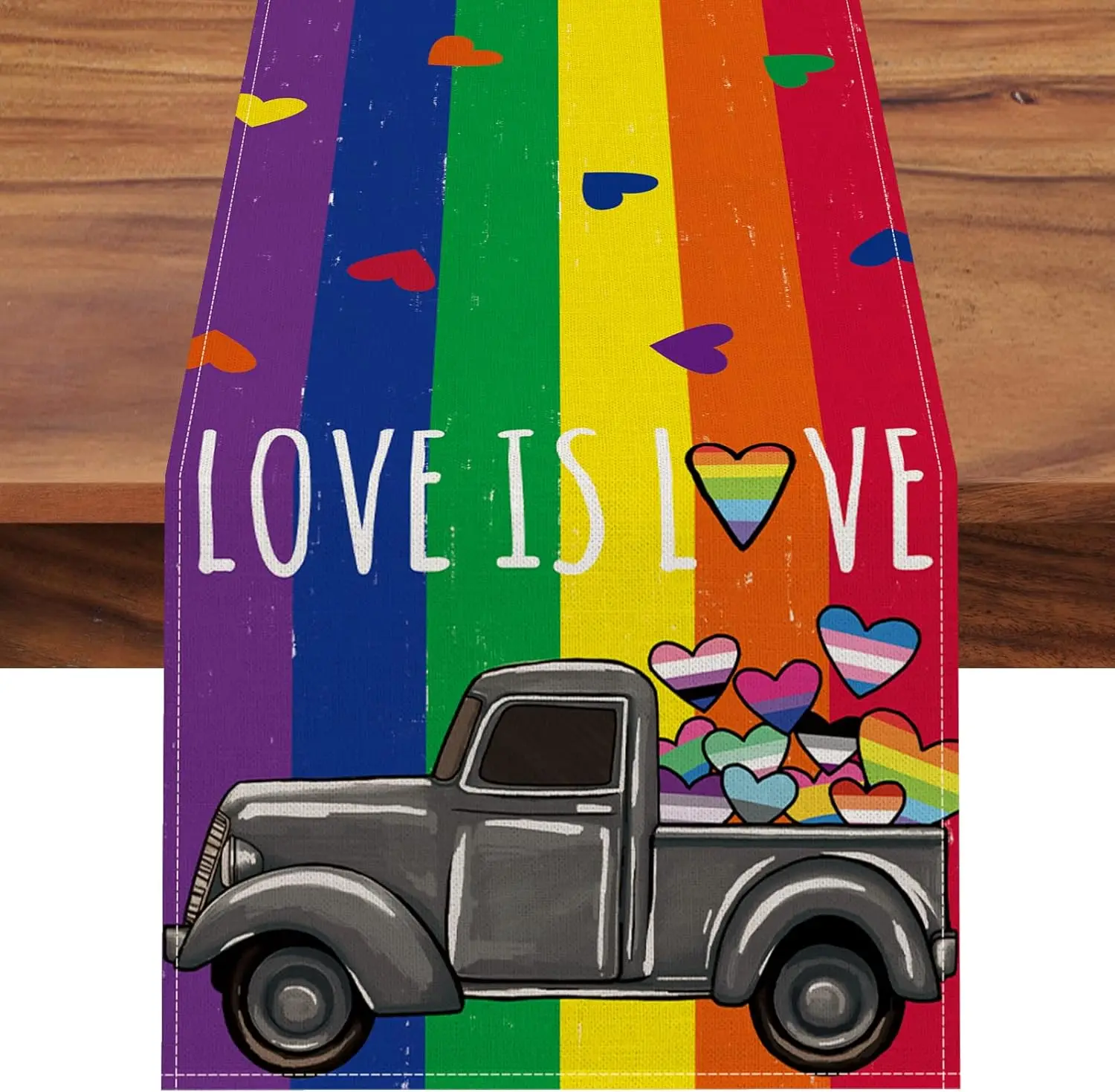 

Love Is Love Rainbow Hearts Truck Linen Table Runners Bisexual Dresser Scarf for Kitchen Dining Table Decor Wedding Party Decor