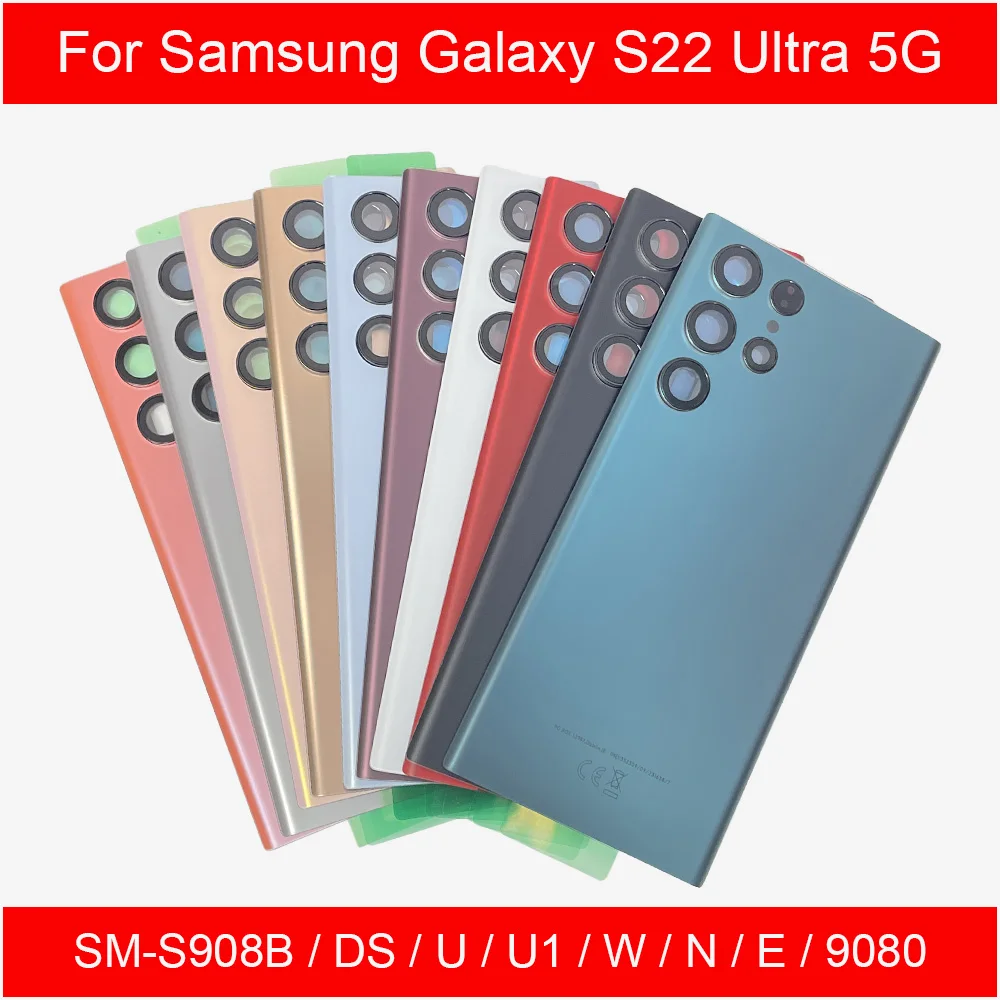 SM-S908 Back Glass Cover For Samsung Galaxy S22 Ultra S22U Back Door Replacement Battery Case, Rear Housing Cover + Camera Lens