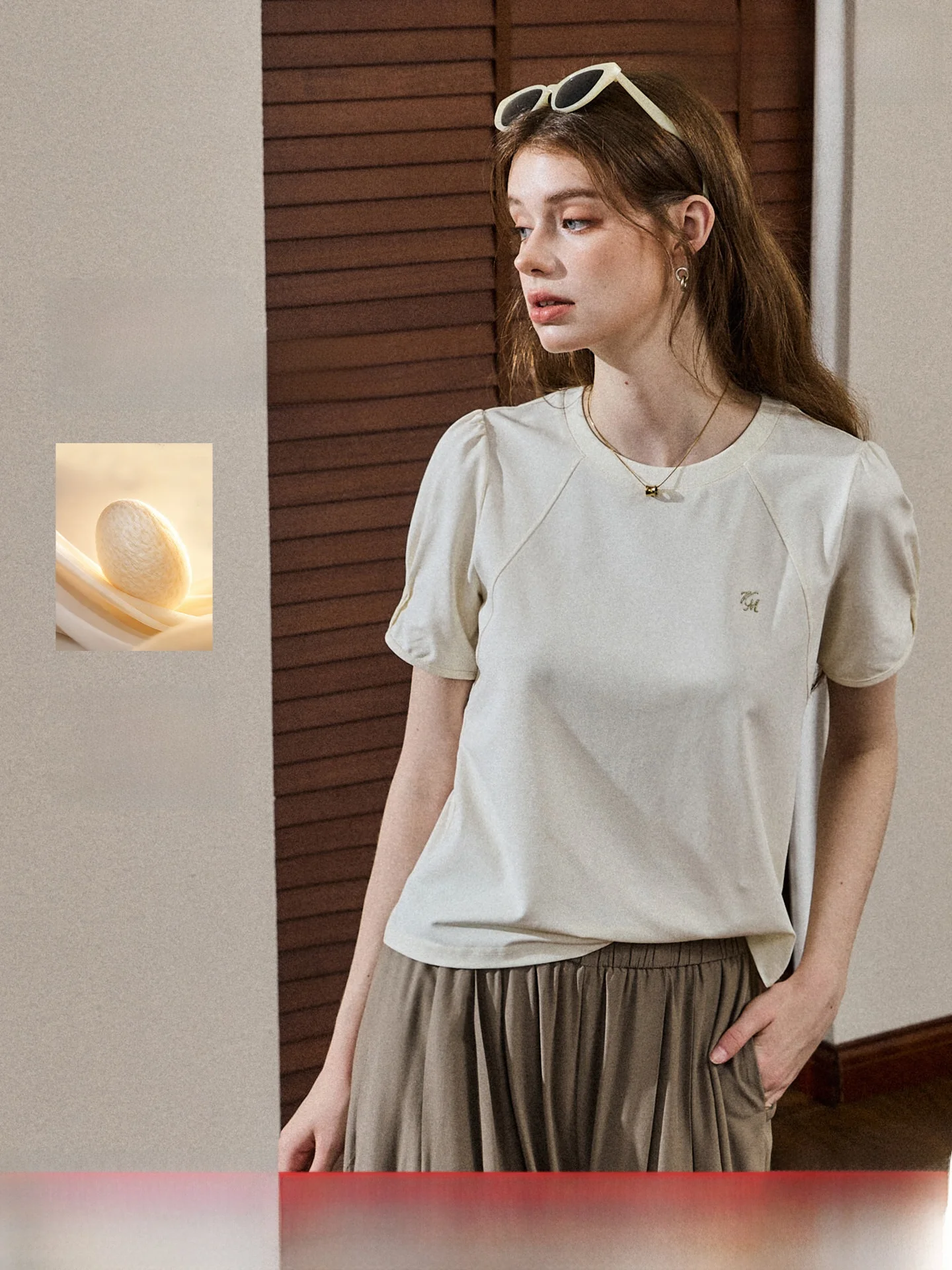 Silk Blend Short Sleeve T-Shirt Women's Daily Commute Summer Soft Cozy Outfit KUHNMARVIN Bubble Sleeve Embroidered Top