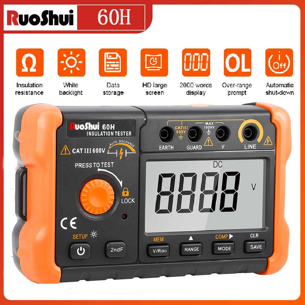 RuoShui Earth Resistance Tester Digital Resistance Meter 2.0~200GΩ Ground Resistance 1000V DC Voltage Measure Backlight Data Hol