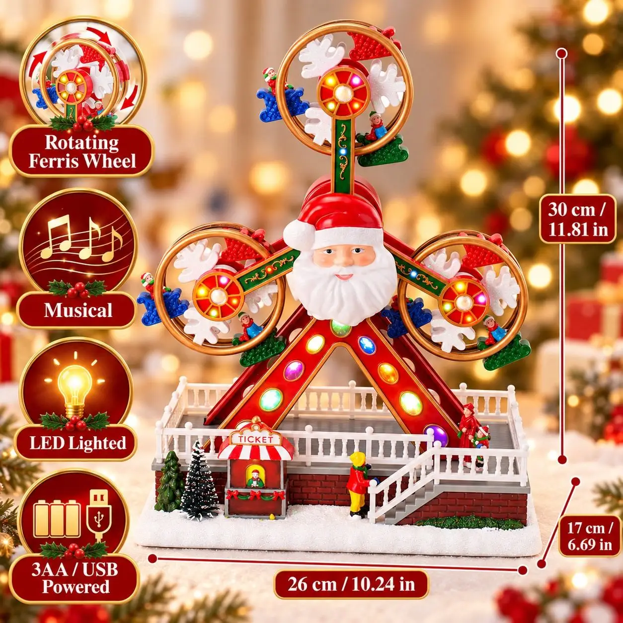 Christmas Village Animated Ferris Wheel Lighted Music Santa Claus Tabletop Figurine Resin Xmas Statue Home Decor New Year Gift