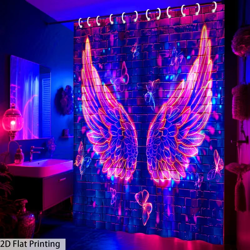 VIKAMA Neon Angel Wings Shower Curtain, Bathroom Waterproof and Mold-Resistant Curtain, Decorative Shower Room Decoration