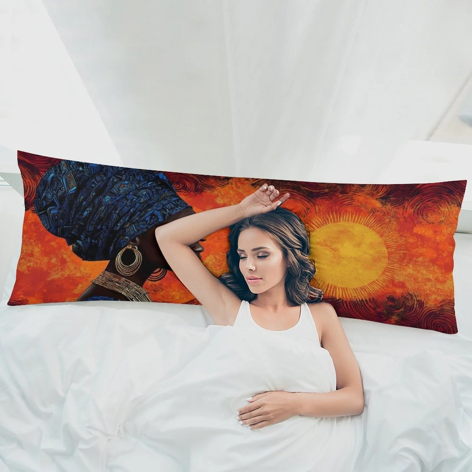 Ultra-Long Pillowcase - African Sunshine And Female Portrait Pattern - Soft Plush Mattress Cushion Cover with Zipper Closure, Mo