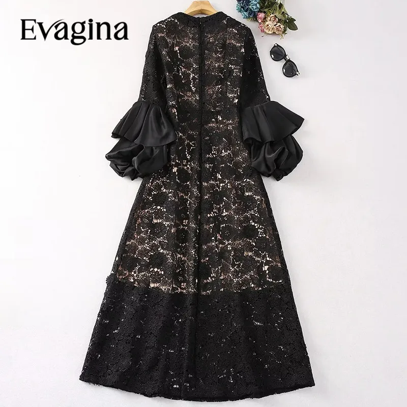 Evagina New Fashion Runway Designer Women's Round Neck Bow Water Soluble Flower Hook Flower Hollow Lantern Long-Sleeved Dress