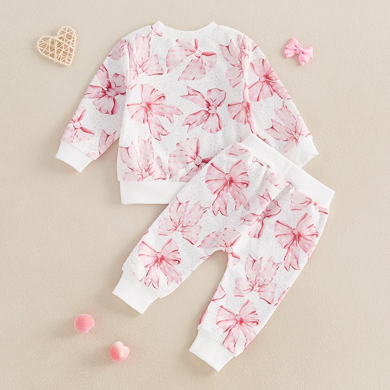 Conjunto de 2 piezas para niña de 3 a 24 meses, sudadera con estampado completo de lazo de manga larga y pantalones de bolsillo, ropa para niños pequeños