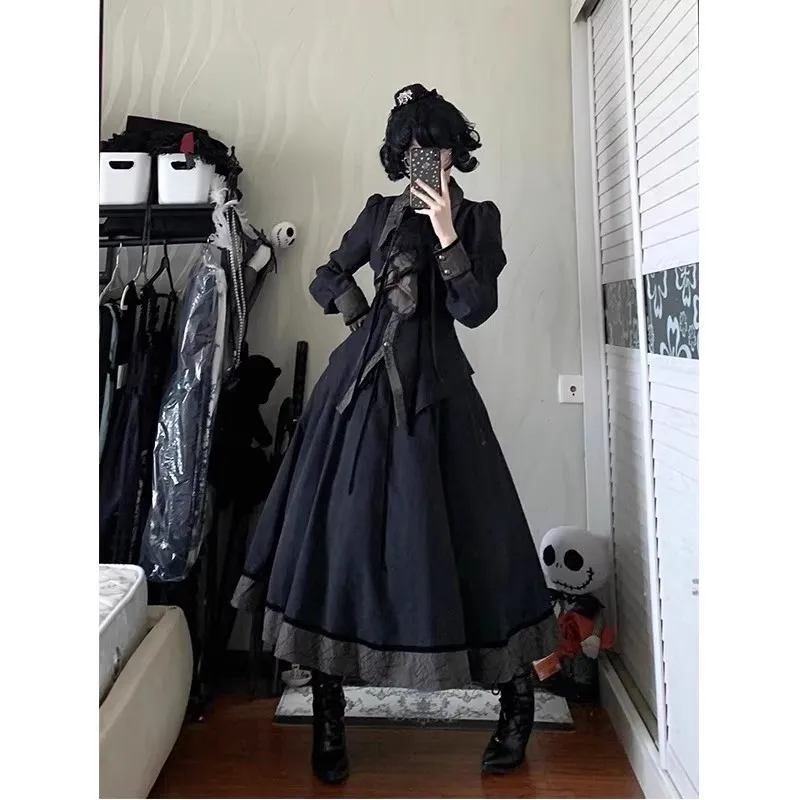 Estilo gótico escuro palácio camisa lolita saia conjunto japonês original elegante e lindo deslocamento diário conjunto de duas peças para mulher